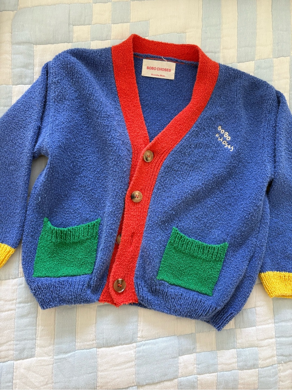 Bobo Choses Blue Cardigan with Red Trim and Green Pockets